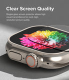 Apple Watch Ultra 3 / 2 / 1 Screen Protector | Glass - Apple Watch Ultra Screen Protector - Close-up of a glass screen protector being applied to an Apple Watch displaying a colorful flower.