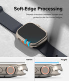 Apple Watch Ultra 3 / 2 / 1 Screen Protector | Glass - Apple Watch Ultra Screen Protector - Close-up of curved glass edges on an Apple Watch Ultra with comparison diagrams.