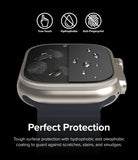 Apple Watch Ultra 3 / 2 / 1 Screen Protector | Glass - Watch screen with split-view showing scratch resistance and water beads.