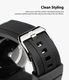 Apple Watch 42·41·40·38 mm | Rubber One Band - Close-up of a black ribbed rubber watch band with a silver steel buckle.
