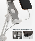 Iron Tablet Stand - White adjustable stand holding a smartphone with a neatly routed charging cable and inset detail views.