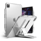 Fusion + Outstanding | iPad - Clear iPad case with a built-in folding kickstand and stylus holder, shown from front and back.