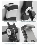Iron Tablet Stand - Four close-up views showing charging port access, 360-degree rotation, hex wrench adjustment, and silicone grip.