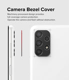 Galaxy A13 4G (LTE) | Camera Styling - A black camera bezel cover being applied to the back of a white smartphone.