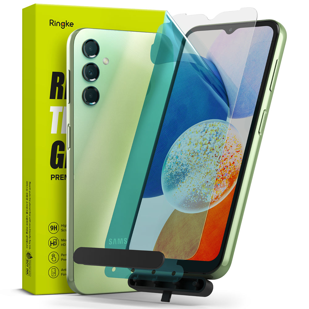 Galaxy A14 Screen Protector | Full Cover Glass - Galaxy A14 Screen Protector - A green smartphone with a glass screen protector being applied using an installation tool.