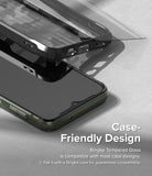 Galaxy A14 Screen Protector | Full Cover Glass - Galaxy A14 Screen Protector - Tempered glass screen protector hovering above a smartphone inside a protective case.