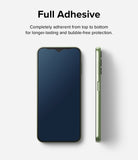 Galaxy A14 Screen Protector | Full Cover Glass - Galaxy A14 Screen Protector - Front and side views of a green smartphone with a full-coverage glass screen protector.