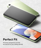 Galaxy A14 Screen Protector | Full Cover Glass - Galaxy A14 Screen Protector - Two light green Galaxy A14 phones with clear glass screen protectors hovering above them.