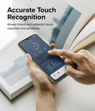 Galaxy A14 Screen Protector | Full Cover Glass - Galaxy A14 Screen Protector - Hands touching a smartphone screen displaying a fitness app to show touch sensitivity.