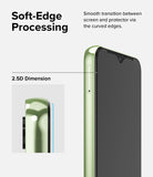 Galaxy A14 Screen Protector | Full Cover Glass - Galaxy A14 Screen Protector - Close-up of a smartphone with a 2.5D curved glass screen protector showing smooth edge design.