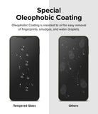 Galaxy A14 Screen Protector | Full Cover Glass - Galaxy A14 Screen Protector - Comparison showing water beading on tempered glass versus smudges on a standard screen.