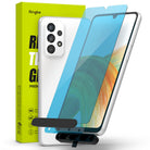 Galaxy A33 5G Screen Protector [2P] | Invisible Defender - Galaxy A33 5G Screen Protector - A white smartphone with a blue-tinted glass screen protector and installation tool.