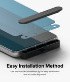 Galaxy A33 5G Screen Protector [2P] | Invisible Defender - Galaxy A33 5G Screen Protector - Exploded view showing a screen protector being aligned onto a phone using an installation jig.