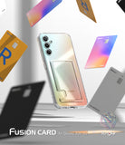 Galaxy A34 Case | Fusion Card - Clear phone case with card slot floating among colorful credit cards on a white background.