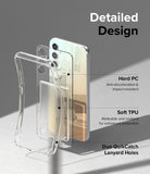 Galaxy A34 Case | Fusion Card - Exploded view of phone case showing hard PC back, soft TPU frame, and lanyard holes.