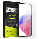 Galaxy A53 5G Screen Protector | Invisible Defender - Tempered glass screen protector next to its branded packaging.