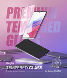 Galaxy A53 5G Screen Protector | Invisible Defender - Galaxy A53 5G Screen Protector - Tempered glass sheet hovering above a Galaxy A53 5G smartphone against a purple background.