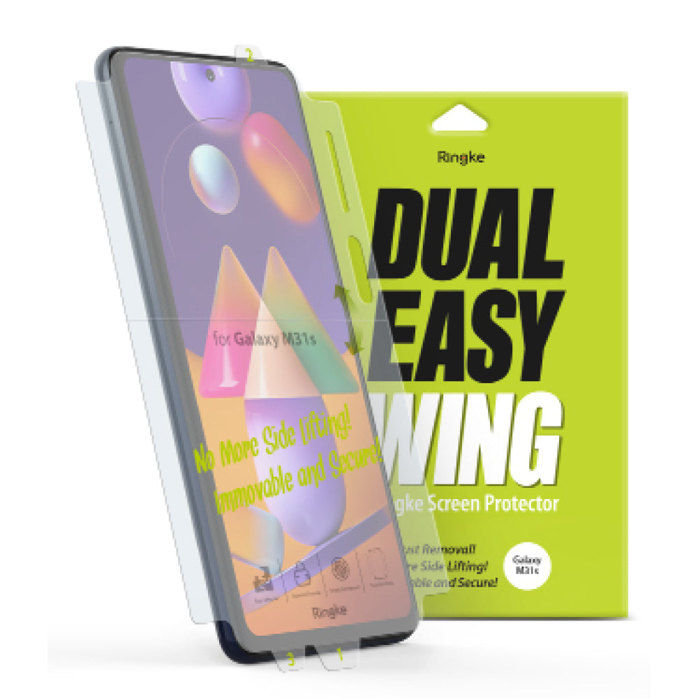 Galaxy M31s Screen Protector | Dual Easy Film - Smartphone with screen protector film and lime green packaging.
