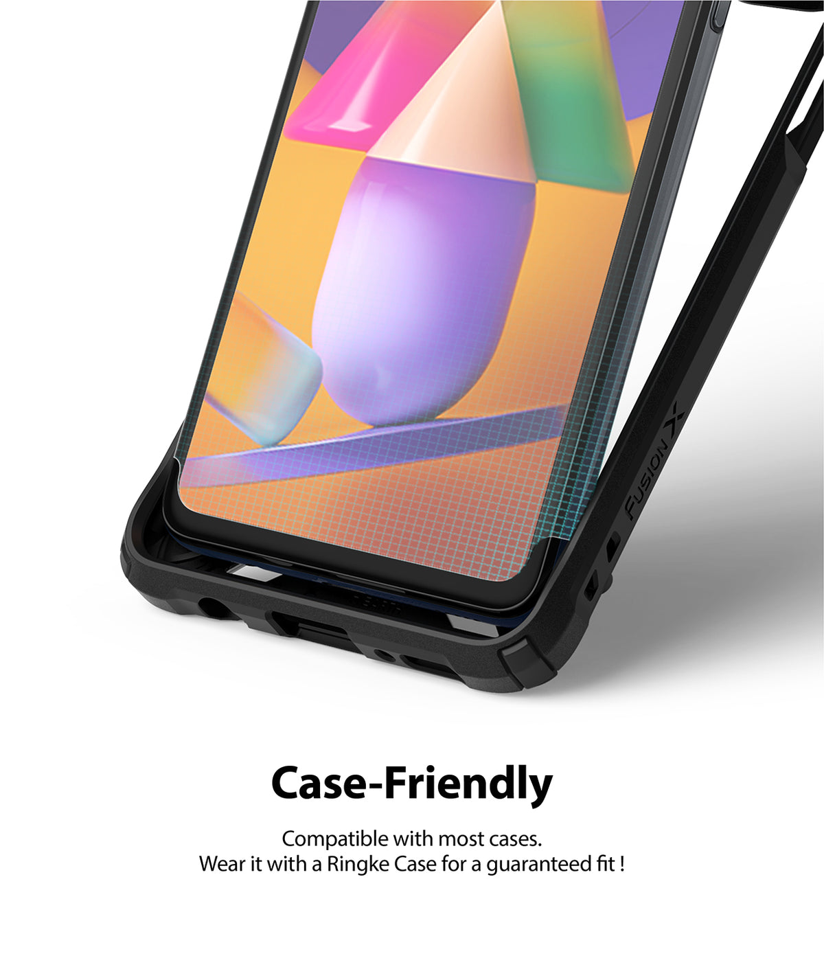 Galaxy M31s Screen Protector | Dual Easy Film - Smartphone with screen protector installed inside a black protective case.