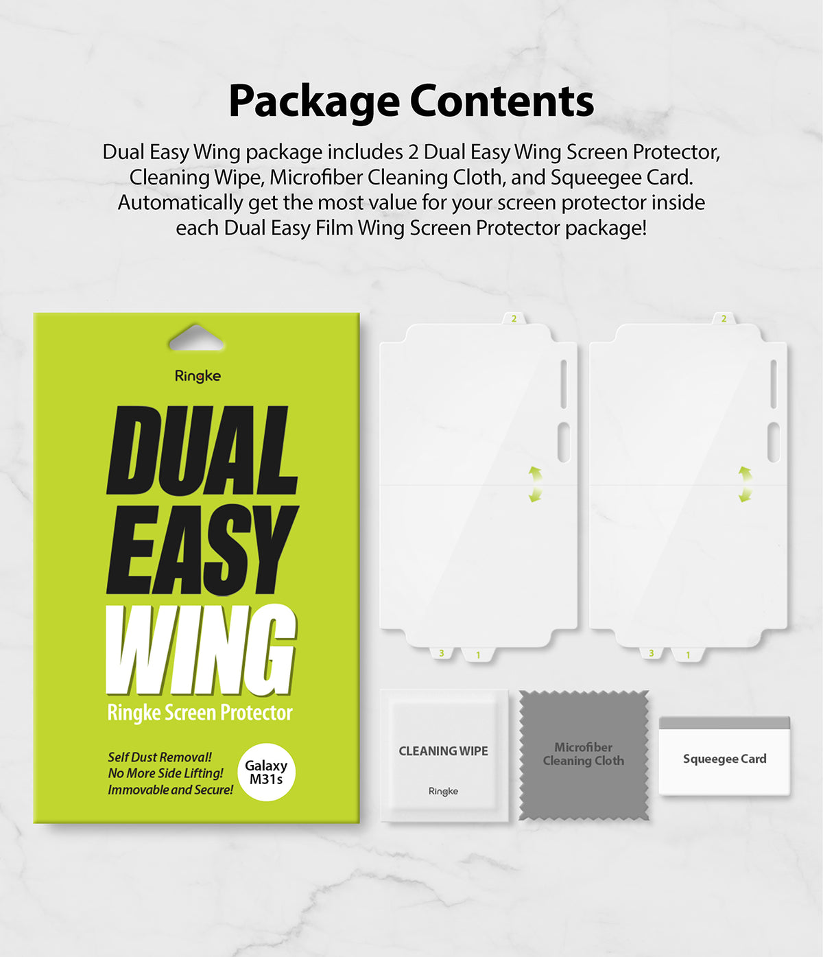 Galaxy M31s Screen Protector | Dual Easy Film - Package contents showing two screen films, wipe, cloth, and squeegee.