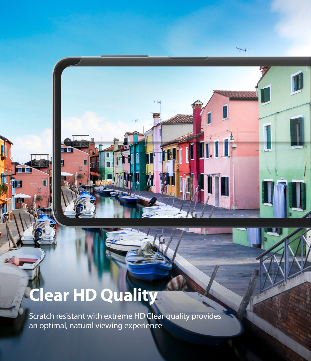 Galaxy M31s Screen Protector | Dual Easy Film - Galaxy M31s Screen Protector - Smartphone displaying a vibrant, high-definition image of colorful houses along a canal.