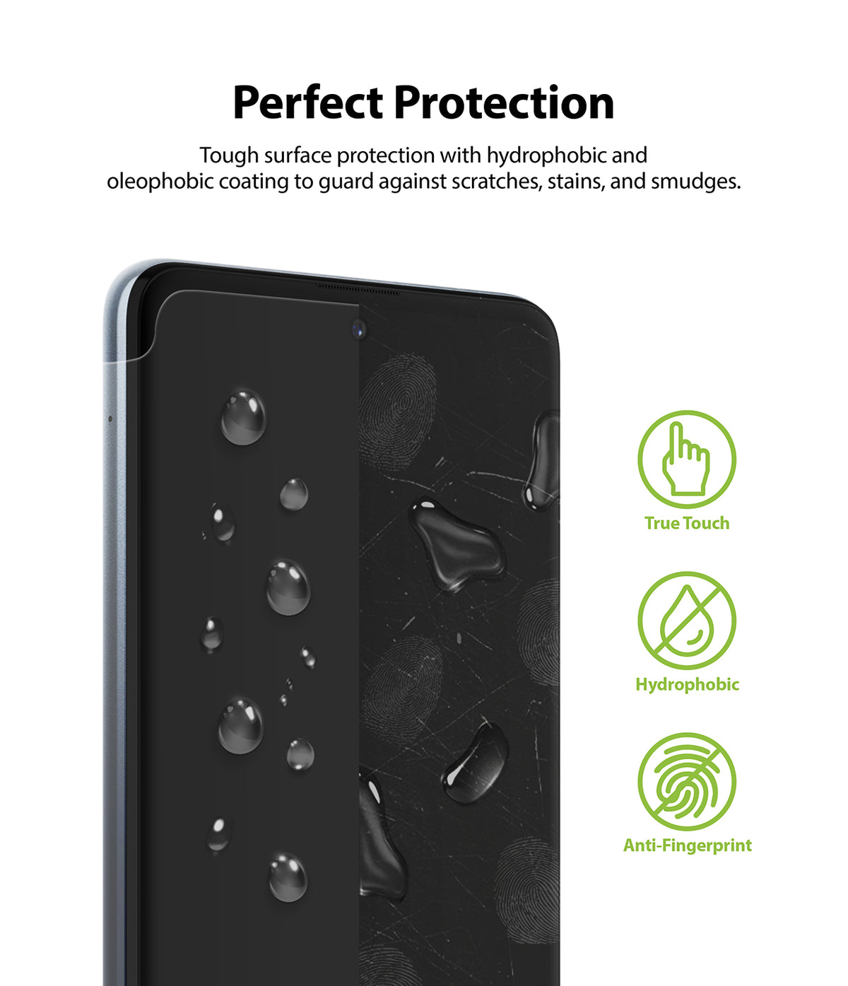Galaxy M31s Screen Protector | Dual Easy Film - Galaxy M31s Screen Protector - Smartphone screen with water droplets and icons for touch, hydrophobic, and anti-fingerprint.