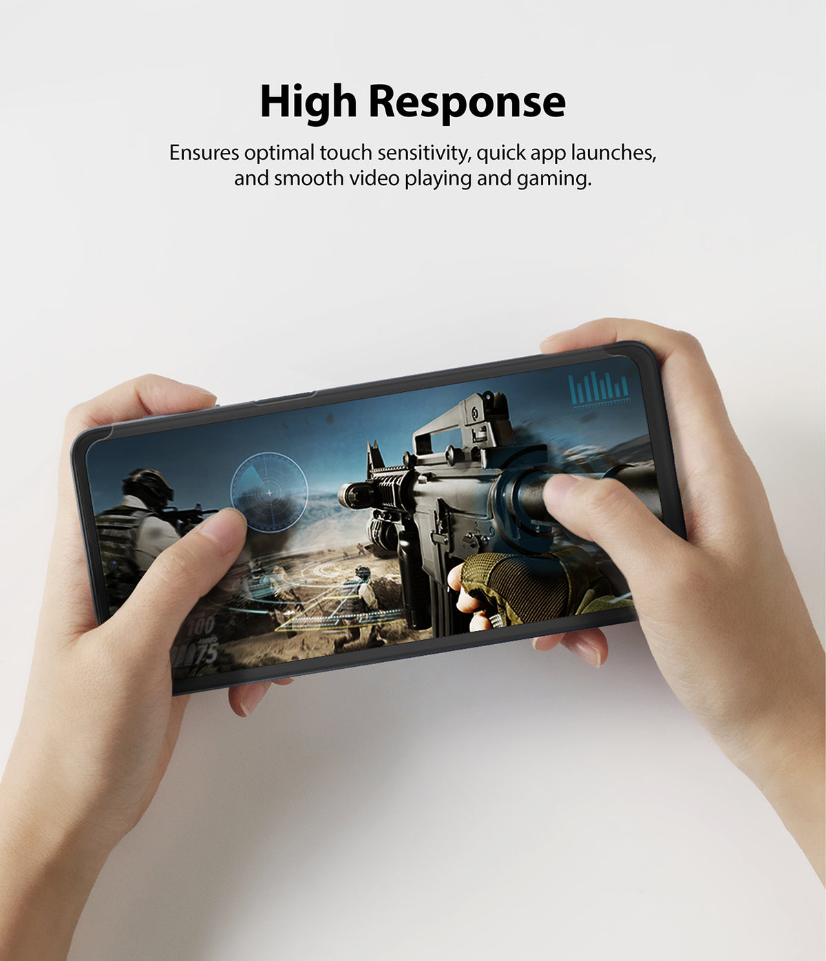 Galaxy M31s Screen Protector | Dual Easy Film - Galaxy M31s Screen Protector - Hands holding a smartphone playing a first-person shooter game to show touch responsiveness.
