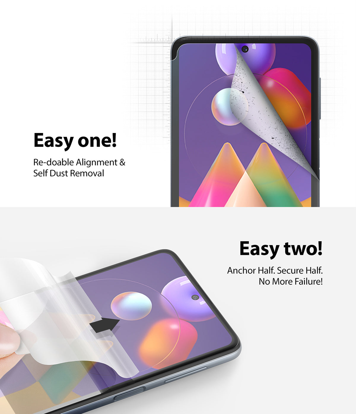 Galaxy M31s Screen Protector | Dual Easy Film - Galaxy M31s Screen Protector - Two-step installation guide showing dust removal and anchoring the film onto the phone.