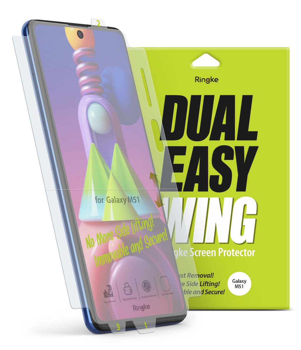 Galaxy M51 Screen Protector | Dual Easy Film - Galaxy M51 Screen Protector - Galaxy M51 phone with a Dual Easy Wing screen protector being applied next to its green packaging.