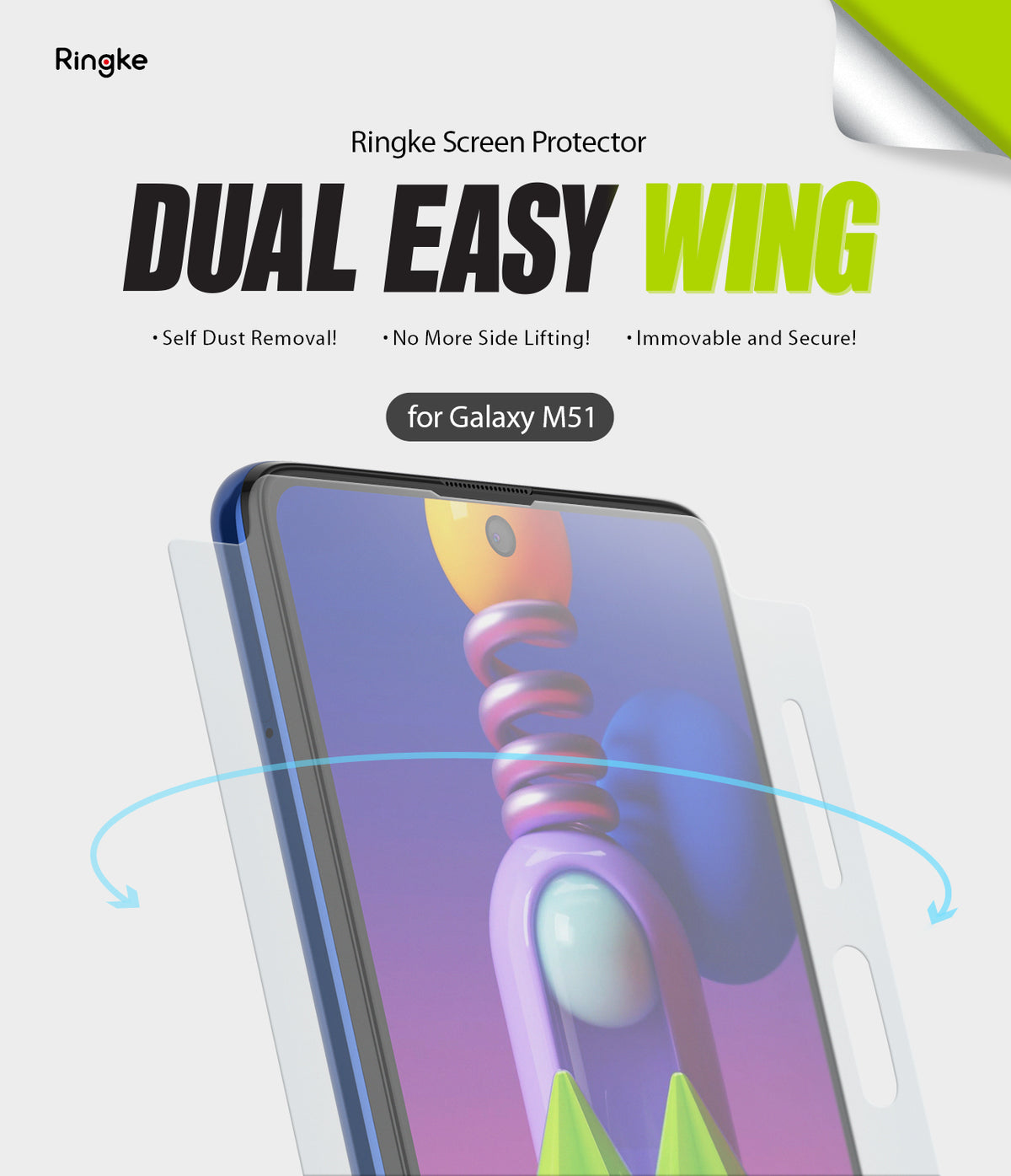 Galaxy M51 Screen Protector | Dual Easy Film - Galaxy M51 Screen Protector - Ringke Dual Easy Wing film being applied to a Galaxy M51 smartphone screen.