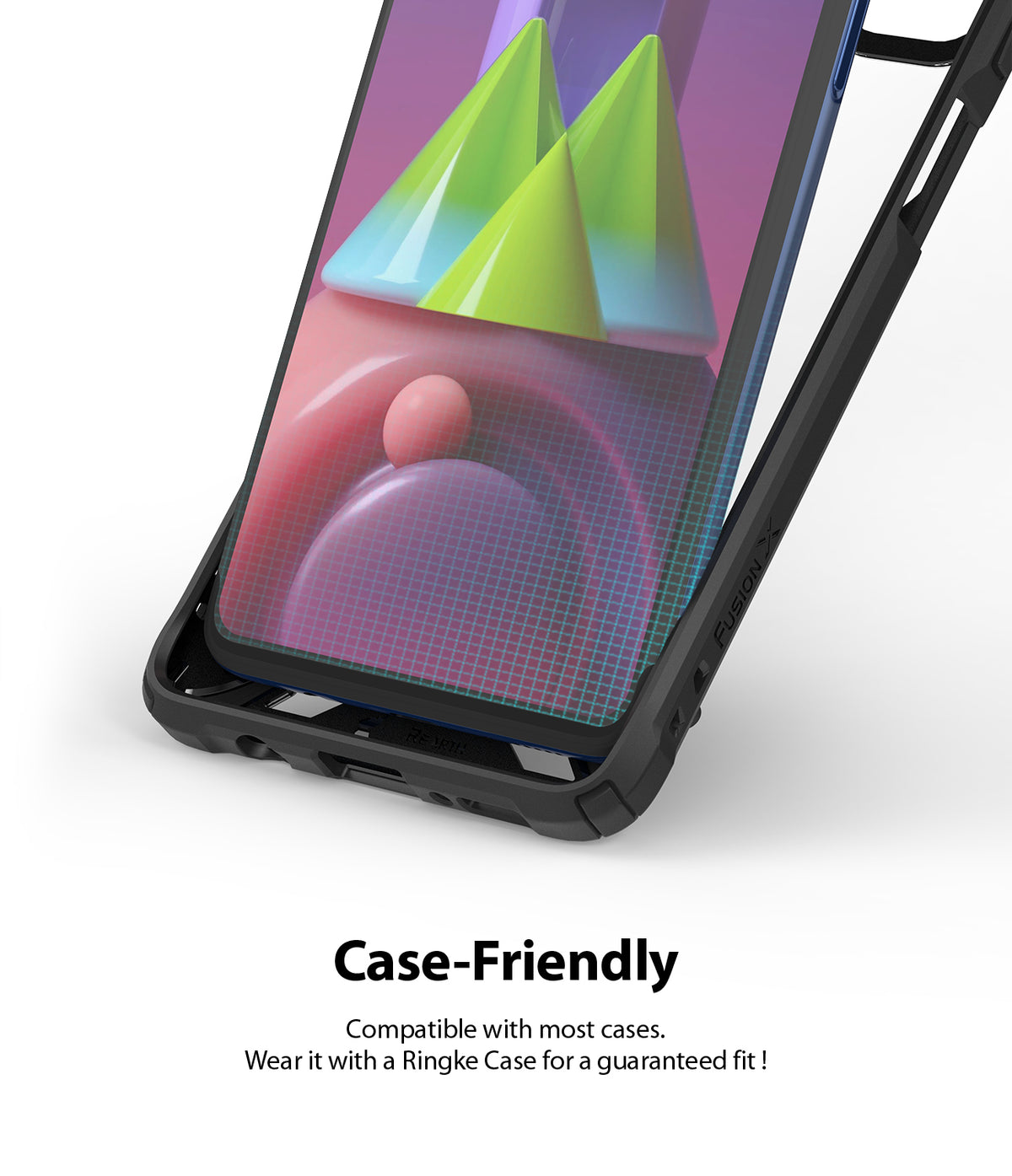 Galaxy M51 Screen Protector | Dual Easy Film - Smartphone with screen protector installed inside a black protective case.
