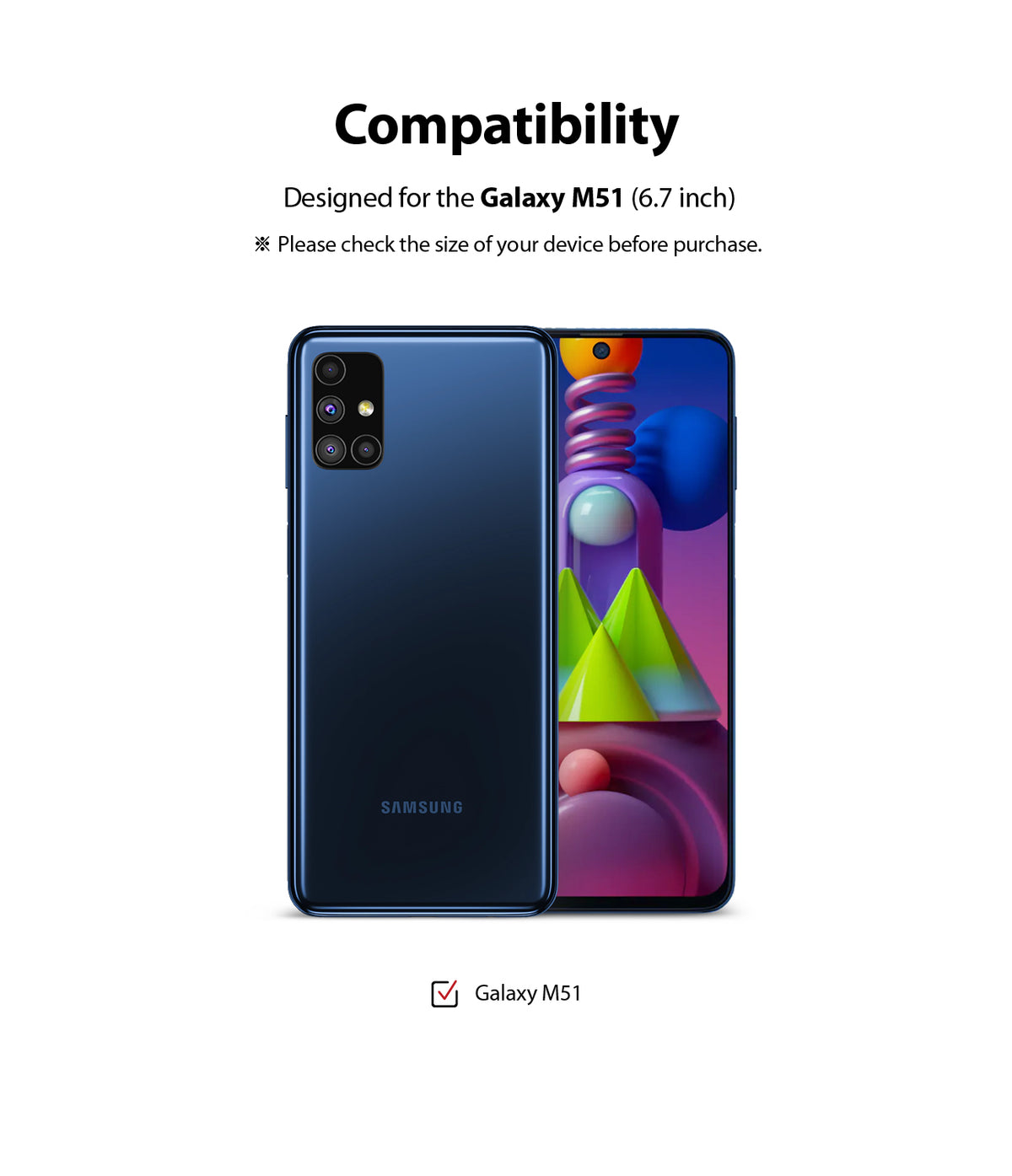 Galaxy M51 Screen Protector | Dual Easy Film - Galaxy M51 Screen Protector - Compatibility graphic showing a dark blue Galaxy M51 smartphone front and back.