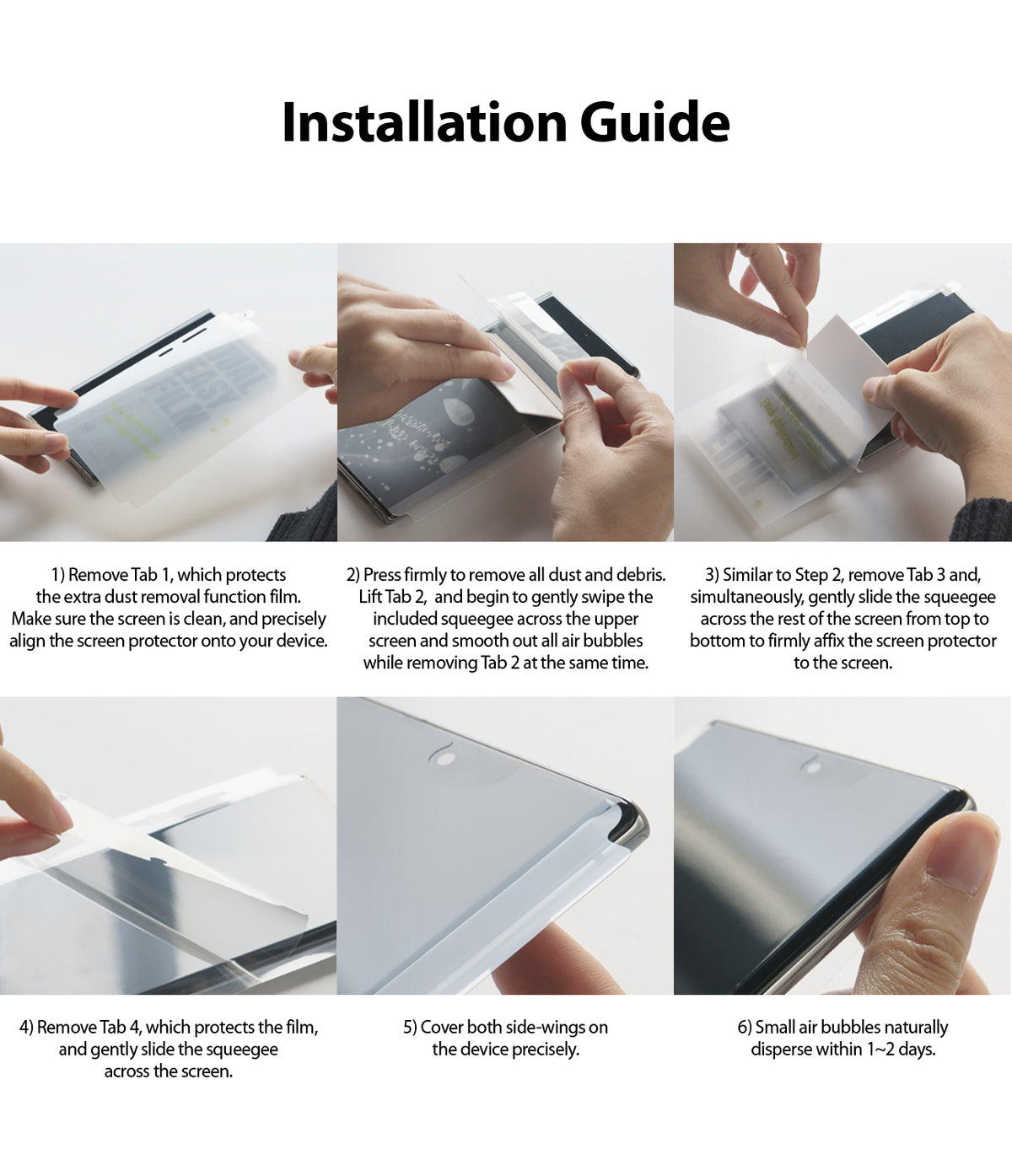 Galaxy M51 Screen Protector | Dual Easy Film - Galaxy M51 Screen Protector - Six-step visual guide showing hands applying a screen protector using tabs and a squeegee.