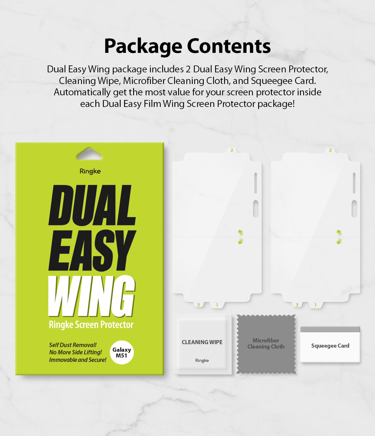 Galaxy M51 Screen Protector | Dual Easy Film - Galaxy M51 Screen Protector - Package contents showing two screen protectors, cleaning wipe, cloth, and squeegee card.