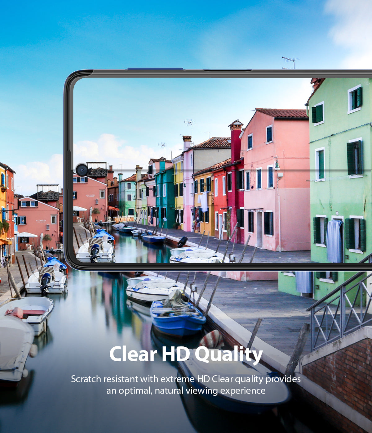 Galaxy M51 Screen Protector | Dual Easy Film - Galaxy M51 Screen Protector - Smartphone displaying a vibrant canal scene with colorful houses, highlighting HD clarity.