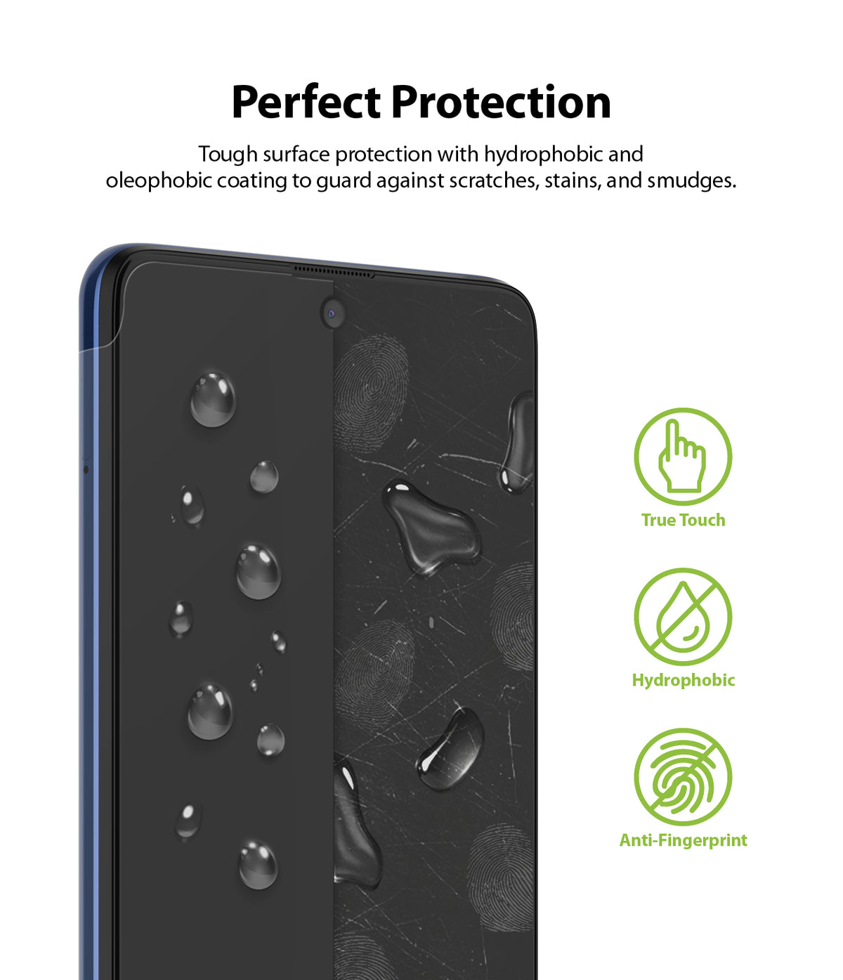 Galaxy M51 Screen Protector | Dual Easy Film - Galaxy M51 Screen Protector - Smartphone screen with water droplets and icons for touch, hydrophobic, and anti-fingerprint.