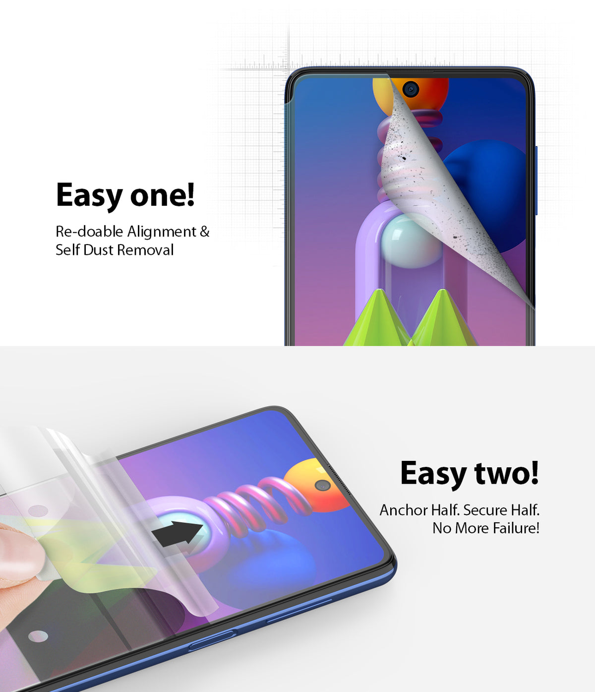 Galaxy M51 Screen Protector | Dual Easy Film - Two-step installation guide showing dust removal and film alignment.