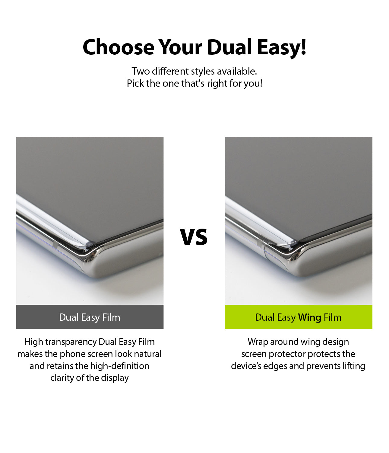 Google Pixel 5 Screen Protector | Dual Easy Film - Comparison of standard Dual Easy Film and wrap-around Wing Film.