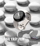 Google Pixel Watch 2 / 1 Screen Protector | Dual Easy Film (3P) - Google Pixel Watch 2 / 1 Screen Protector - A Pixel Watch with a partially applied screen protector film.