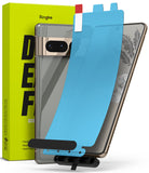 Google Pixel 7 Pro Screen Protector | Dual Easy Film - A blue screen protector film being applied to a Pixel 7 Pro.