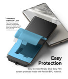 Google Pixel 7 Pro Screen Protector | Dual Easy Film - A blue adhesive tab being peeled off a phone screen protector.