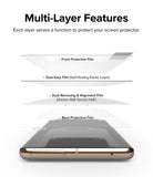 Google Pixel 7 Pro Screen Protector | Dual Easy Film - Exploded view of screen protector layers above a smartphone.