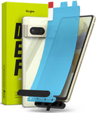 Google Pixel 7 Screen Protector | Dual Easy Film - A smartphone with a blue screen protector film and installation tool.