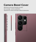 Galaxy S22 Ultra | Camera Styling - A protective bezel cover being applied to the rear camera lenses of a rose gold phone.
