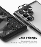 Galaxy S22 Ultra | Camera Styling - Black camera lens protector being applied to a smartphone with a clear case.