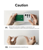 Galaxy S22 Ultra Case | Fusion Card - Caution instructions showing to remove cards before installation and avoid bending.
