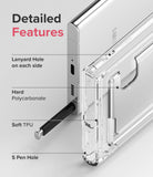 Galaxy S22 Ultra Case | Fusion Card - Diagram highlighting lanyard holes, polycarbonate, TPU, and S Pen access on a clear case.
