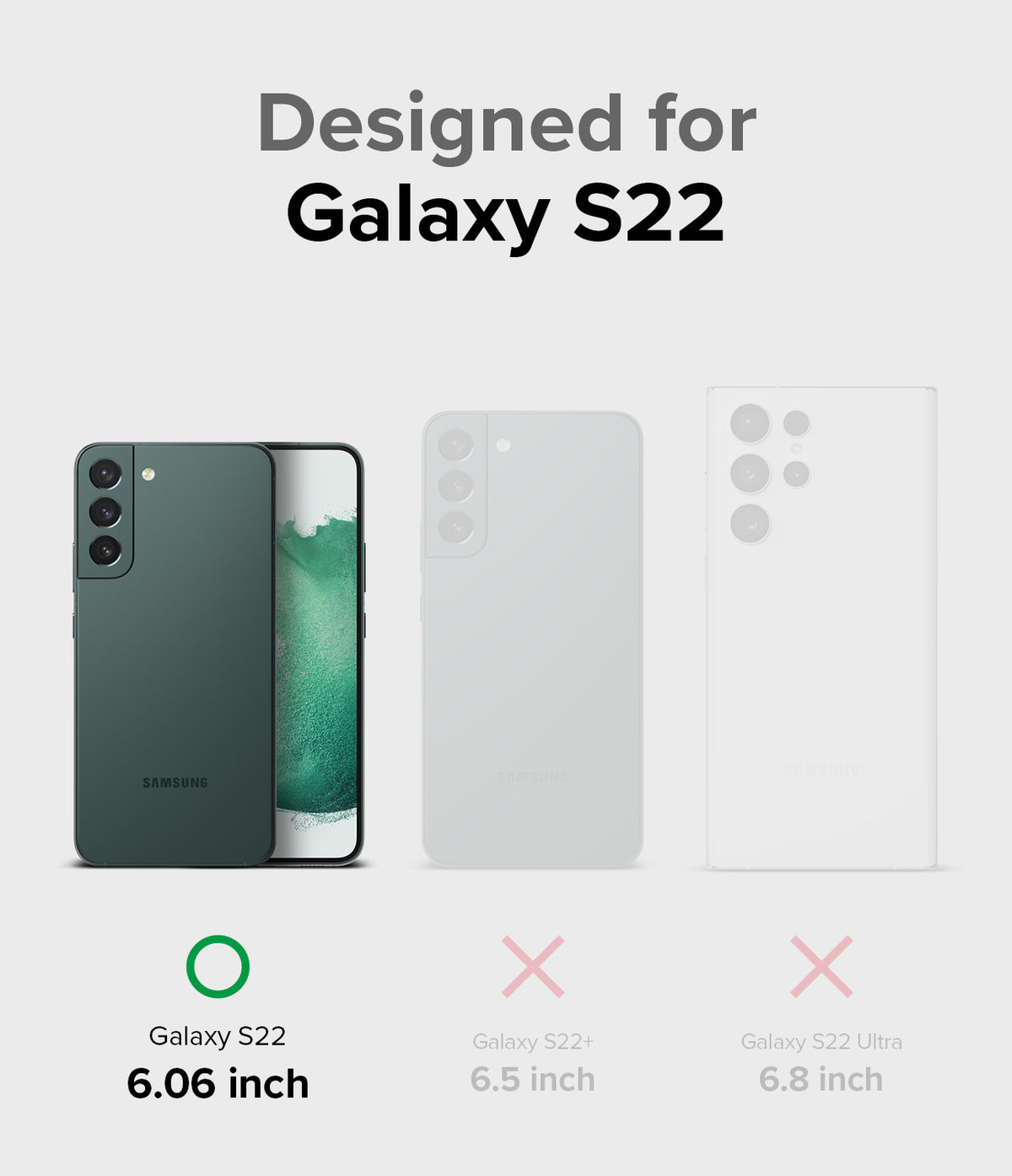 Galaxy S22 Case | Folio Signature Standard - Comparison chart showing Galaxy S22 is compatible while S22+ and Ultra are not.