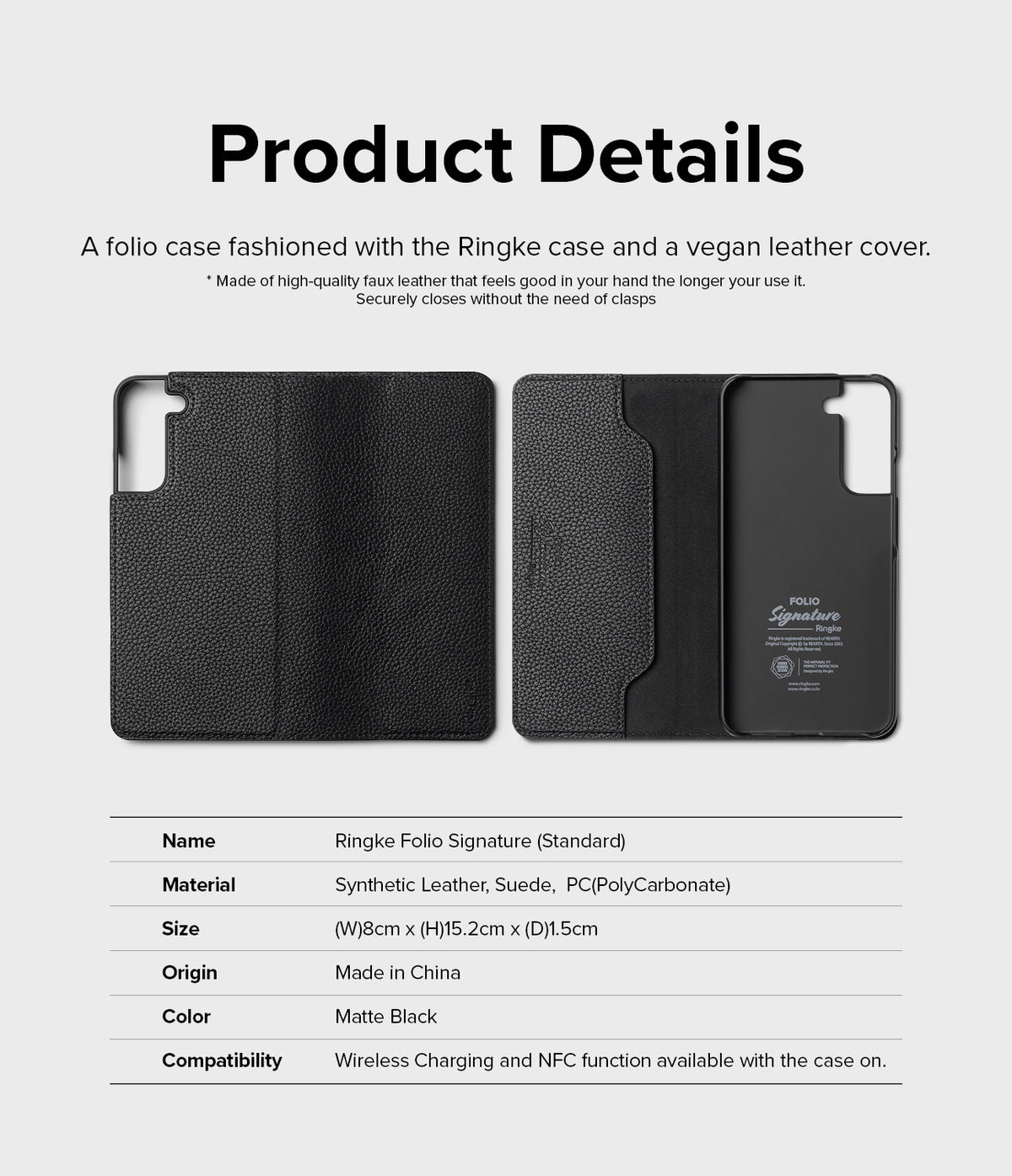 Galaxy S22 Case | Folio Signature Standard - Black vegan leather folio case shown from front and interior views.