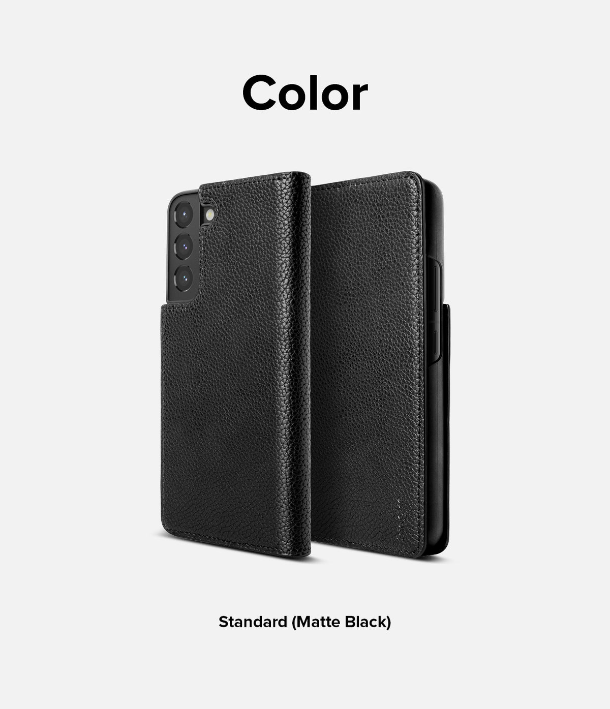 Galaxy S22 Case | Folio Signature Standard - Matte black textured leather folio case for Galaxy S22 shown from back and front.